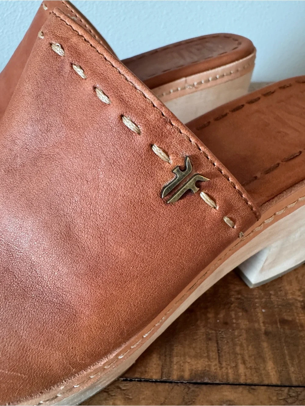 Frye Hazel Cognac Leather Platform Slide Sandals